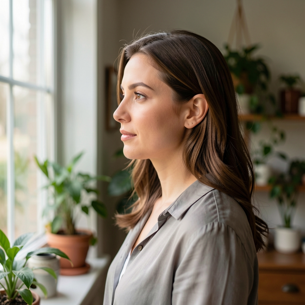 Editorial portrait of a woman in her late twenties in profile, looking at a window with daylight, surrounded by plant life and a quiet domestic interior